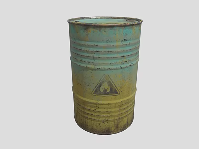 Industrial Equipment Green And Yellow Rusted Metal Drum With Warning Sign 3d model