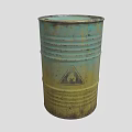 Industrial Equipment Green And Yellow Rusted Metal Drum With Warning Sign