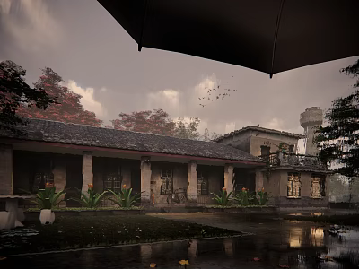 Traditional Detached Villa Exterior With Courtyard Lush Plants Water Tower And Wet Pavement 3d model