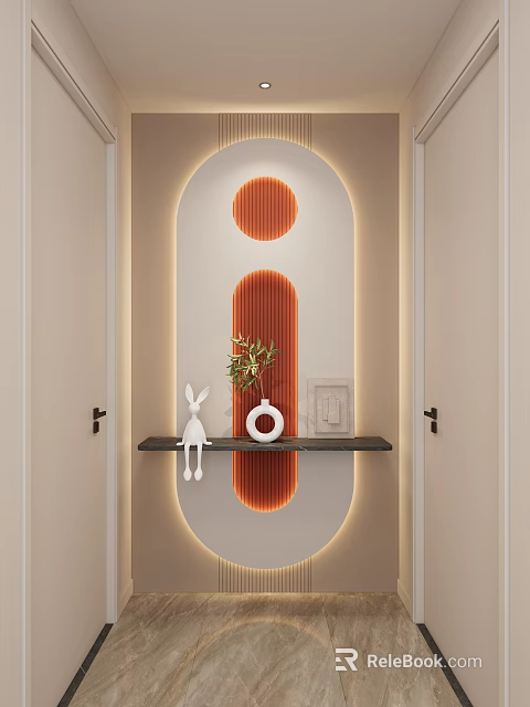 Entryway Hallway With Arch Design Orange Striped LED Light Strips Rabbit Figurine Plant On Shelf 3d model 