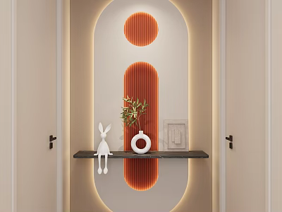 Entryway Hallway With Arch Design Orange Striped LED Light Strips Rabbit Figurine Plant On Shelf 3d model