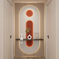 Entryway Hallway With Arch Design Orange Striped LED Light Strips Rabbit Figurine Plant On Shelf