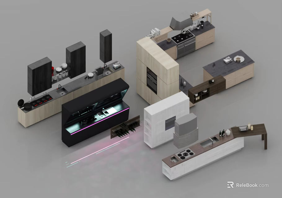 Modern Kitchen Cabinet Styles With Multiple Colors Island Lighting And Design Features 3d model