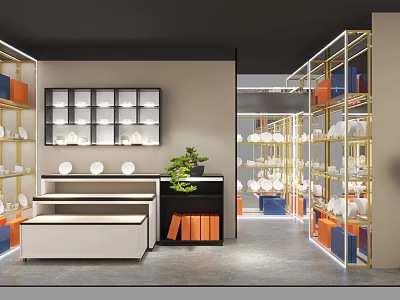 Modern Exhibition Booth With Gold Metal Racks Glass Shelves White Dishes And Green Plant Decor 3d model