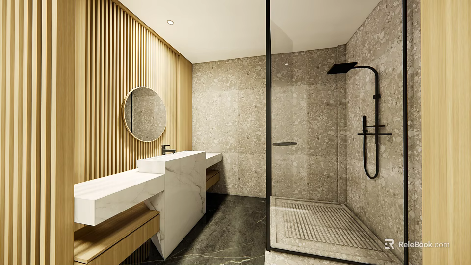 Modern Hotel Bathroom Interior With Wooden Slat Wall Round Mirror Marble Sink And Glass Shower 3d model 