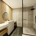 Modern Hotel Bathroom Interior With Wooden Slat Wall Round Mirror Marble Sink And Glass Shower