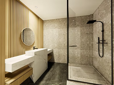Modern Hotel Bathroom Interior With Wooden Slat Wall Round Mirror Marble Sink And Glass Shower 3d model