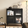 Black Display Cabinet with Globe Camera and Magazines on Open Shelves