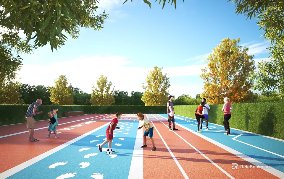 Outdoor Colorful Track With Footprint Patterns Children And Adults Playing Under Blue Sky 3d model 