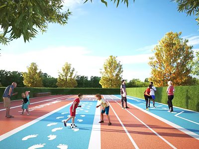 Outdoor Colorful Track With Footprint Patterns Children And Adults Playing Under Blue Sky 3d model