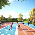 Outdoor Colorful Track With Footprint Patterns Children And Adults Playing Under Blue Sky