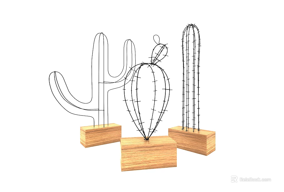 Decorative Ornament Set Wire Cactus Shapes with Wooden Bases for Home Decoration 3d model 