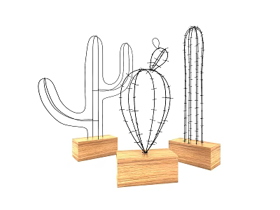 Decorative Ornament Set Wire Cactus Shapes with Wooden Bases for Home Decoration 3d model