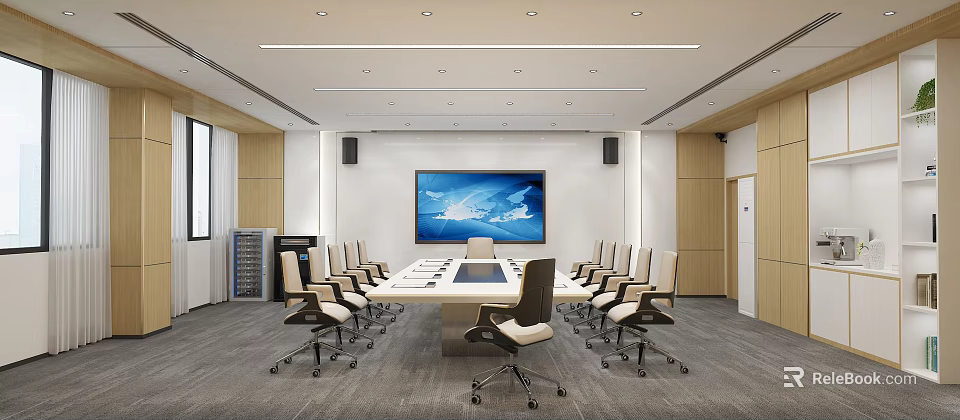 Modern Conference Room With Long Table Multiple Chairs Large Screen World Map Display Wooden Walls 3d model 