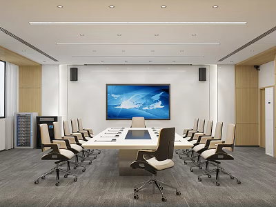 Modern Conference Room With Long Table Multiple Chairs Large Screen World Map Display Wooden Walls 3d model