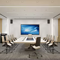 Modern Conference Room With Long Table Multiple Chairs Large Screen World Map Display Wooden Walls