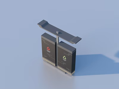 Two Black Boxes With Different Logos On Grey Stand For Daily Living Items 3d model