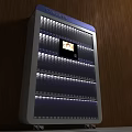 Blue And White Modern Bookcase With Digital Display Panel Against Wooden Wall On Tile Floor