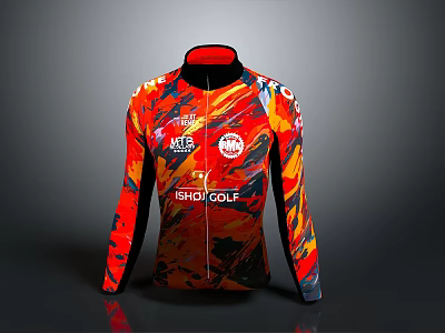 Colorful Red Orange Black Patterned Jacket With NTB ISHO GOLF Logo And Zipper Design 3d model