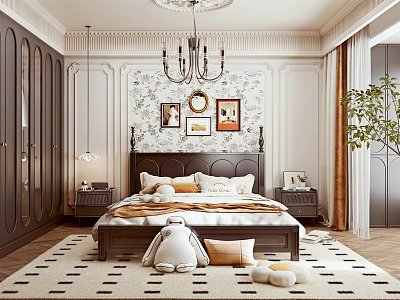 Elegant Bedroom Interior Design With Wooden Bed Pillows Wallpaper Chandelier And Framed Art 3d model