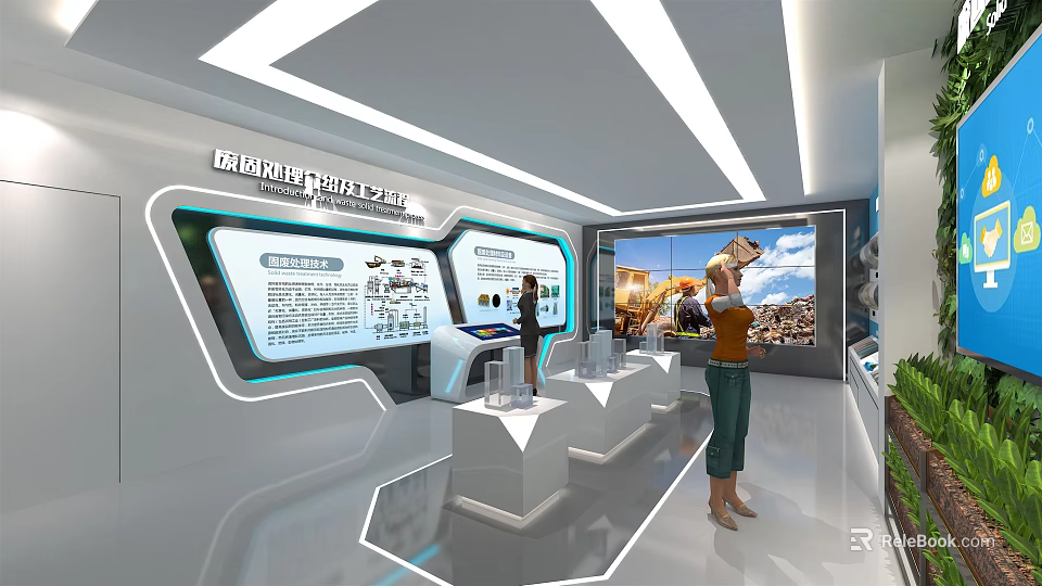 International Coal Mining Machinery Technology Exhibition Hall With Display Screens Models And Visitors 3d model 