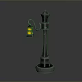 Vintage Street Lamp Design With Black Post Pointed Top Red Lantern And Yellow Light