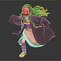Anime Girl 3D Model With Long Black Hair Pink Kimono Red Ribbons And Bamboo Muzzle