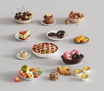 Modern Food Bread Donuts Egg Tart Fruit Strawberry Cherry Honey 3d model