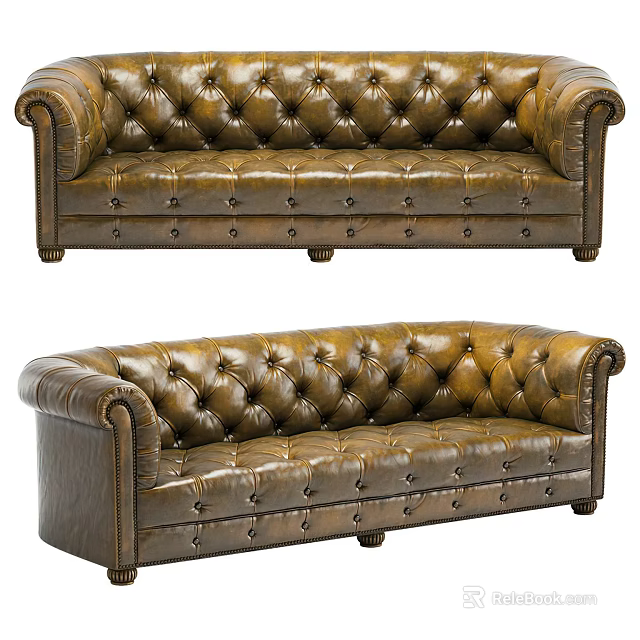 Classic Brown Leather Three Seater Sofa With Rolled Arms And Button Tufted Design 3d model 