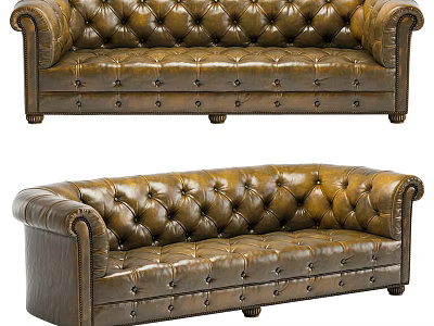 Classic Brown Leather Three Seater Sofa With Rolled Arms And Button Tufted Design 3d model