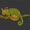 Green Chameleon With Small Red Accessory On Head Curled Tail On Wooden Branch Holding Hamburger