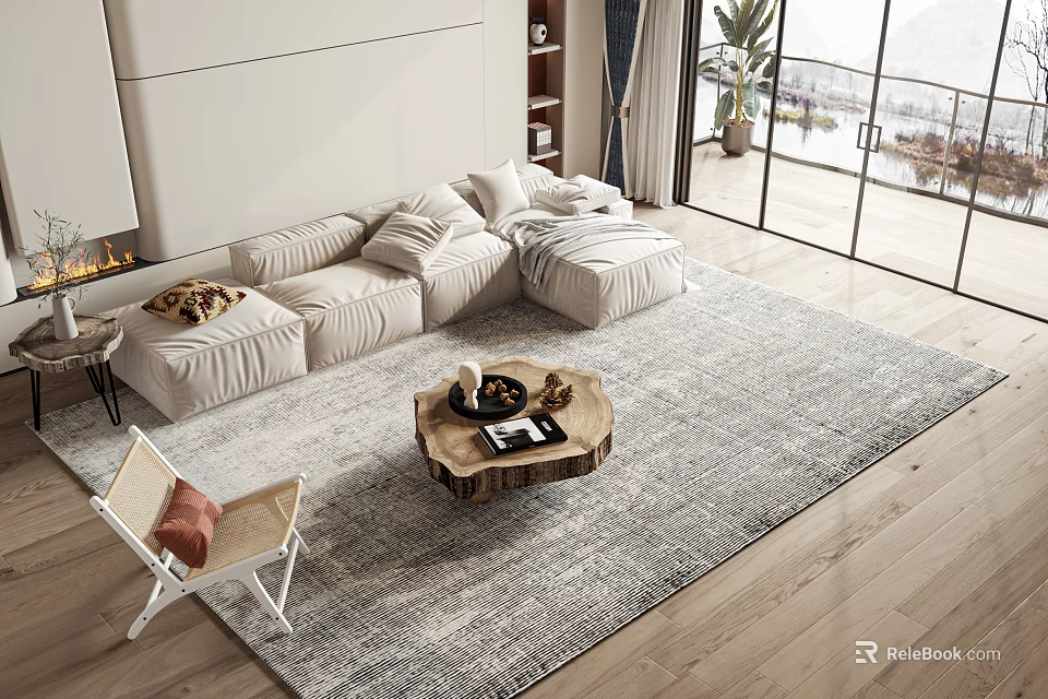 Modern Sofa And Coffee Table Set With Wooden Table Soft Pillows And Area Rug In Bright Living Space 3d model 