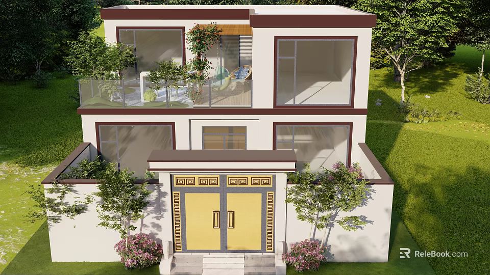 Modern Detached Villa Exterior With Yellow Front Door Steps And Balcony Glass Railing Greenery Lawn 3d model 