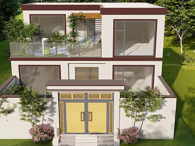 Modern Detached Villa Exterior With Yellow Front Door Steps And Balcony Glass Railing Greenery Lawn 3d model