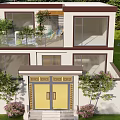 Modern Detached Villa Exterior With Yellow Front Door Steps And Balcony Glass Railing Greenery Lawn