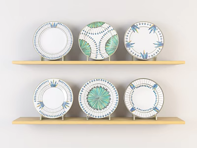Ceramic Plates Featuring Decorative Blue Green Patterns On Wooden Shelves 3d model