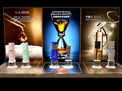 Commercial Cosmetic Display Equipment With Multiple Bottles And Advertising Posters 3d model