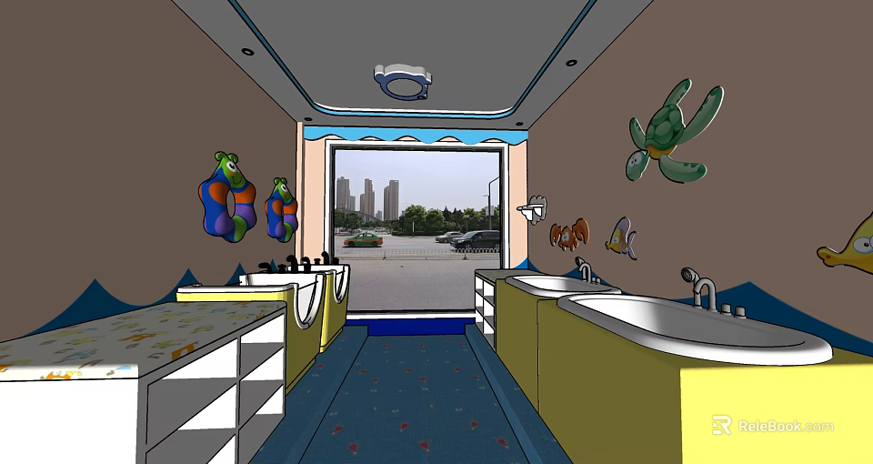 Swimming Pool Interior Featuring White Basins Yellow Cabinets Sea Turtle Fish Decorations And City View 3d model 
