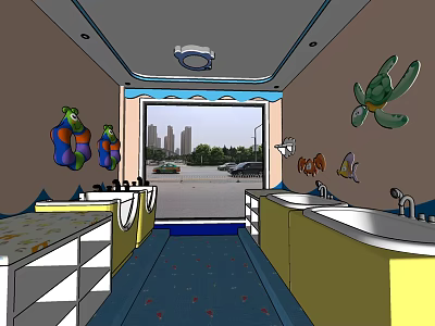 Swimming Pool Interior Featuring White Basins Yellow Cabinets Sea Turtle Fish Decorations And City View 3d model