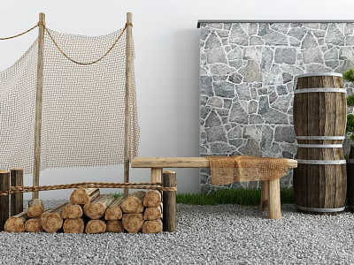 Rustic Countryside Scene With Wooden Net Structure Stacked Firewood Bench Barrel And Stone Wall 3d model