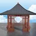 Garden Landscape Pavilion With Black Roof Wooden Circular Open Window Bench Blue Sky White Clouds