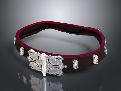 Stylish Dark Brown Leather Belt With Red Lining And Silver Decorative Buckle 3d model