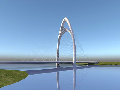 Modern White Arched Cable Stayed Bridge Spanning Water With Blue Sky Green Grass And Reflection 3d model