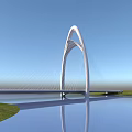 Modern White Arched Cable Stayed Bridge Spanning Water With Blue Sky Green Grass And Reflection 3d model