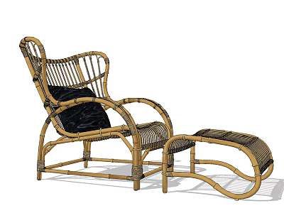 Stylish Rattan Lounge Chair With Curved Design Black Cushion And Matching Ottoman 3d model