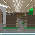 Modern Retail Store Interior Design With Wooden Ceiling Glass Doors Green Walls And Display Shelves
