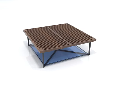 Modern Square Coffee Table with Wooden Slatted Top Blue Glass Layer and Black Metal Frame 3d model