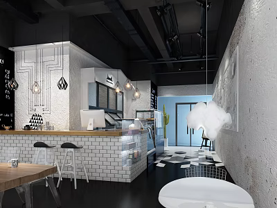 Modern Dessert Shop Interior With Black Ceiling White Brick Bar And Hanging Pendant Lights 3d model