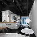 Modern Dessert Shop Interior With Black Ceiling White Brick Bar And Hanging Pendant Lights