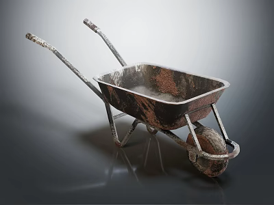 Old Rustic Metal Wheelbarrow With Weathered Surface And Single Wheel Design 3d model
